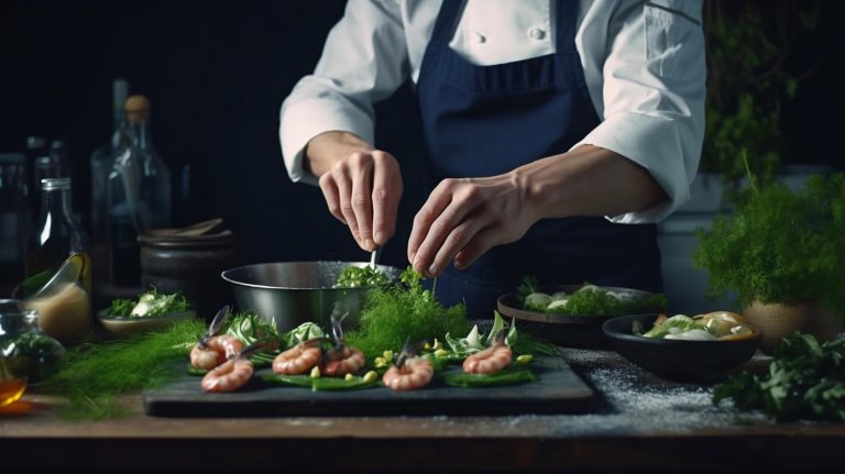 Profesional de cocina preparando un plato con verduras